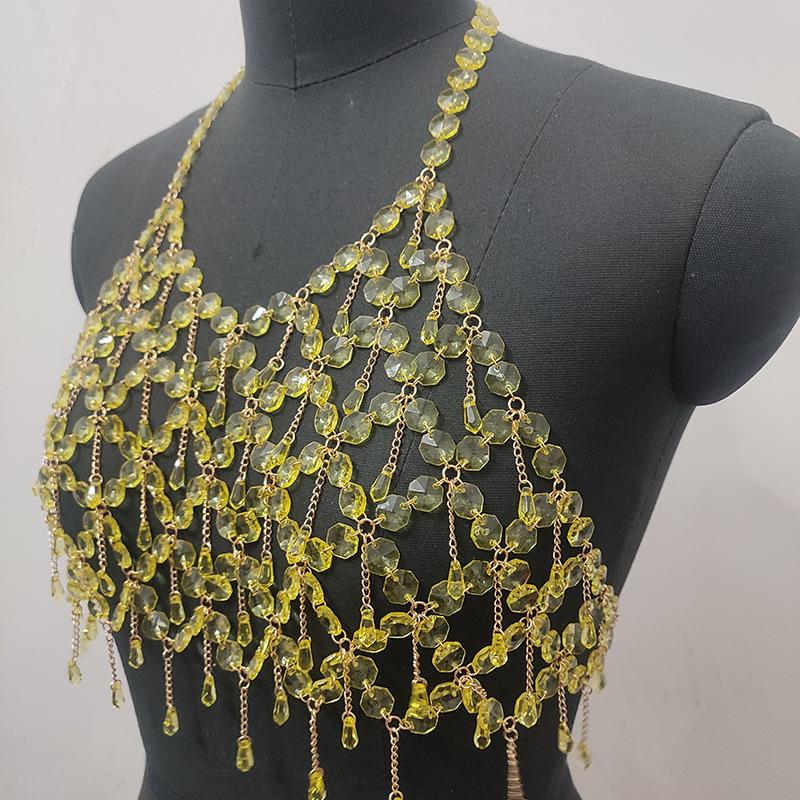 Metal chain plastic crystal halter backless crop top
