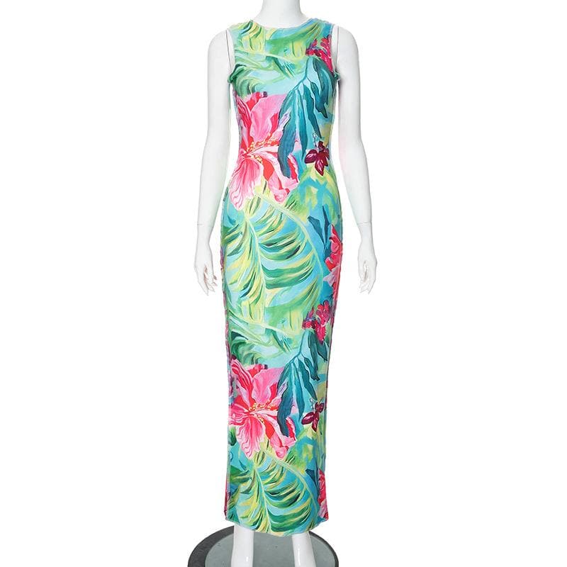 Print stitch backless hollow out tank cut out maxi dress
