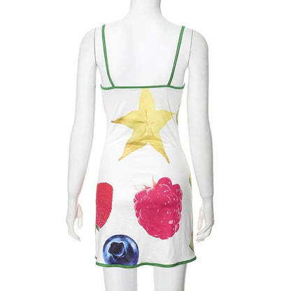 Square neck fruit print slit cami mini dress