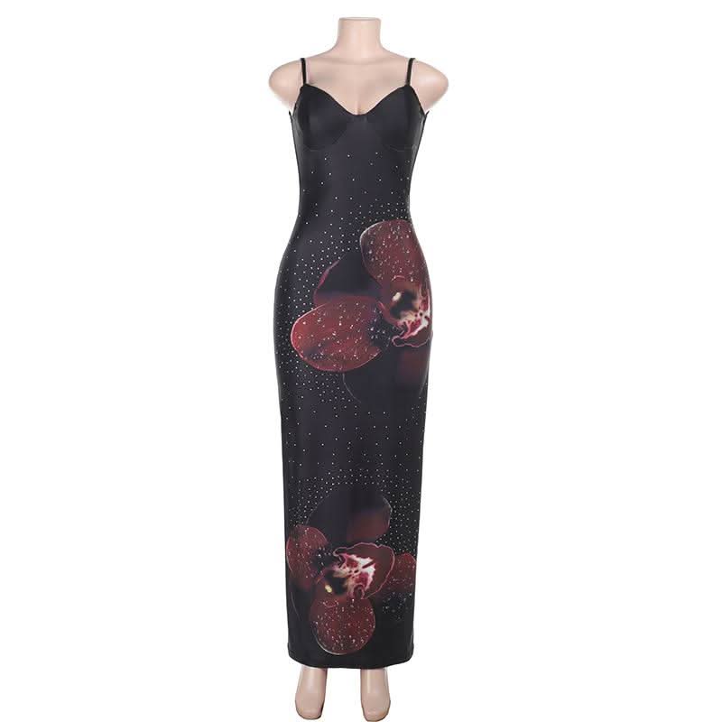 V neck flower print beaded slit cami maxi dress