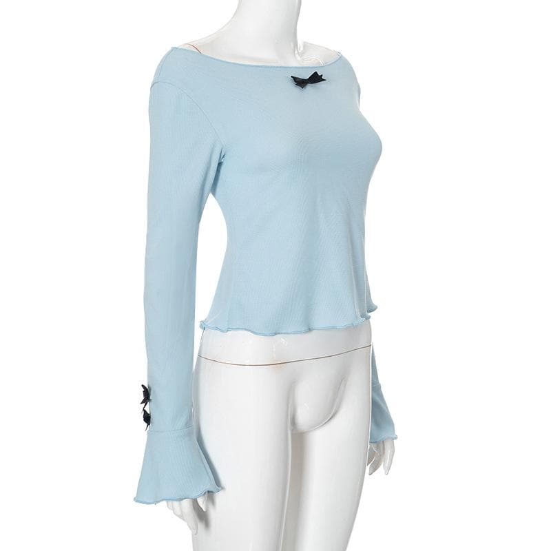 Long flared sleeve round neck bowknot textured top