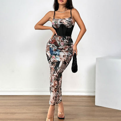 Ruched character print corset square neck cami maxi dress