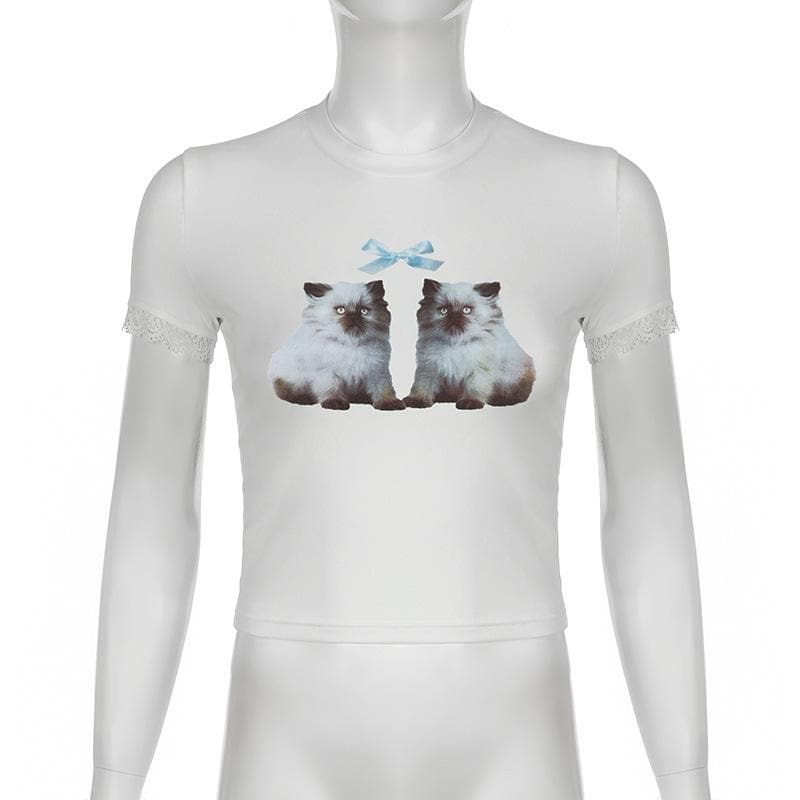 Short sleeve crewneck cats print top