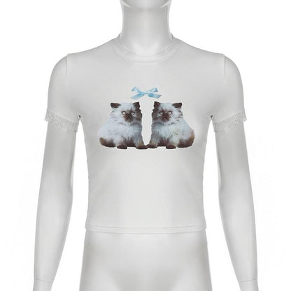 Short sleeve crewneck cats print top