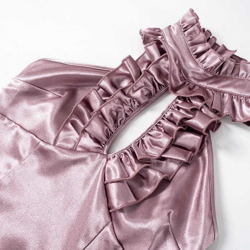 Halter ruffle ruched satin backless top