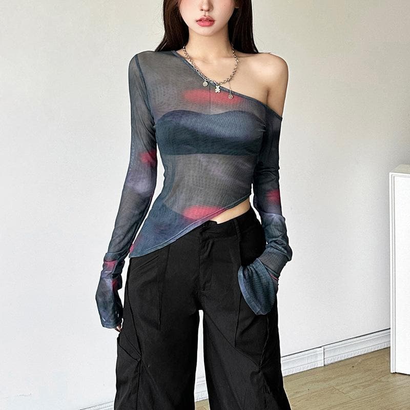 Long flared sleeve irregular one shoulder sheer mesh top