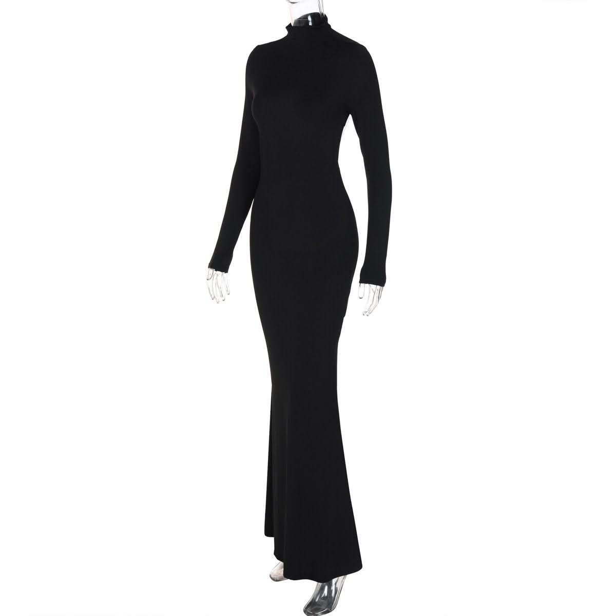Long sleeve high neck backless solid maxi dress