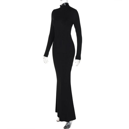 Long sleeve high neck backless solid maxi dress