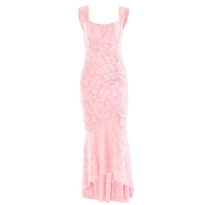 U neck zip-up ruched bustier ruffle cami maxi dress