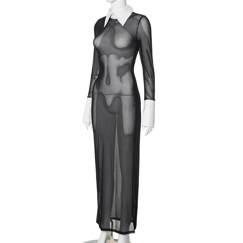 Long sleeve turnover collar mesh see through maxi dress