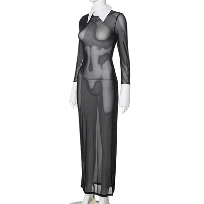 Long sleeve turnover collar mesh see through maxi dress