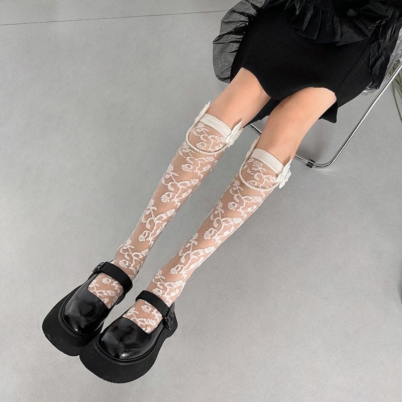 Butterfly applique faux pearl knee high socks