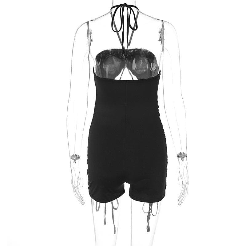 Halter drawstring hollow out ruched romper
