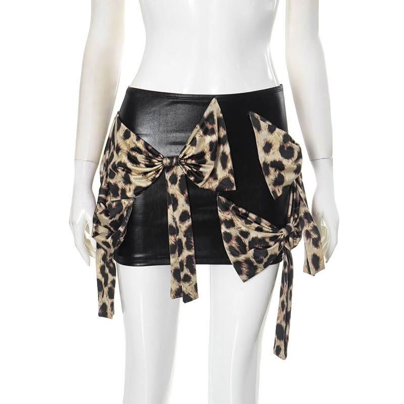 Leopard print bowknot PU leather contrast mini skirt