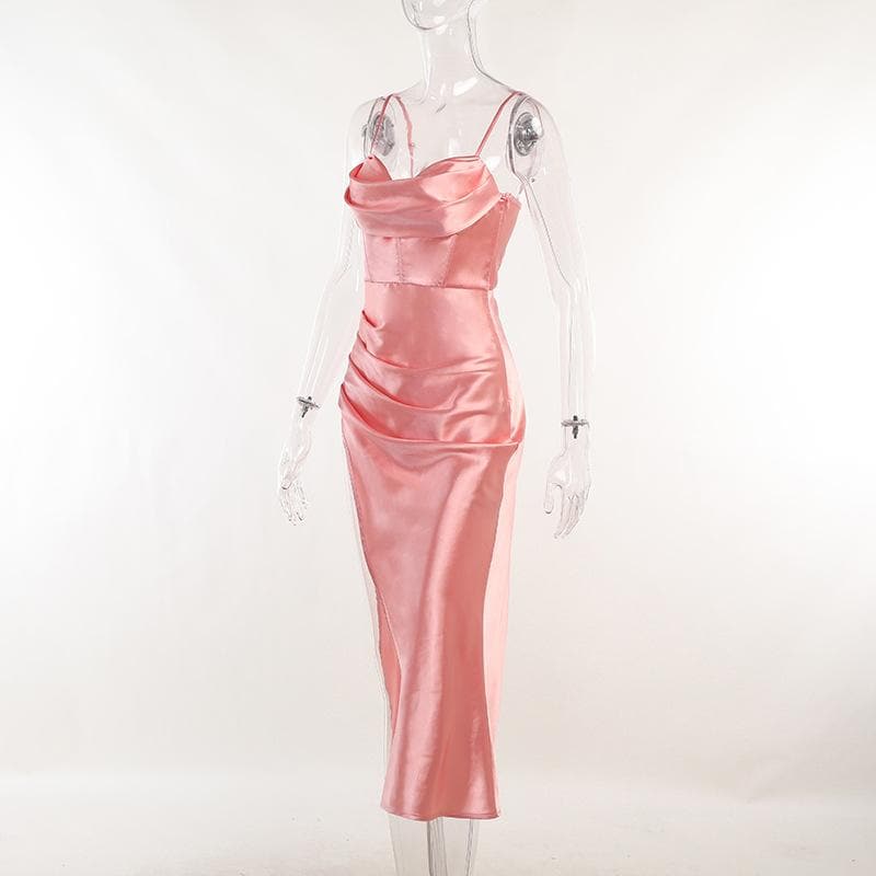 Cowl Neck Spaghetti Strap Corset Bodice Side Ruched Slit Satin Midi Dress