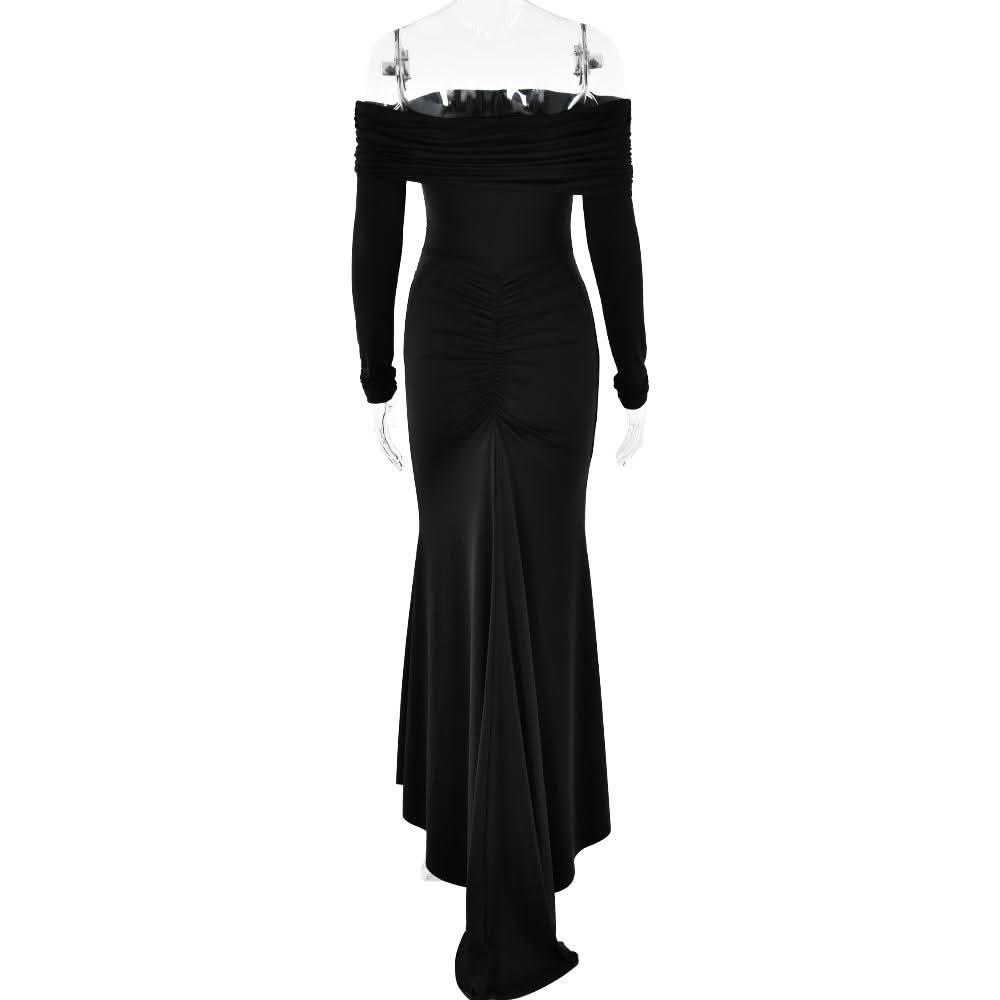 Off shoulder long sleeve ruched self tie maxi dress