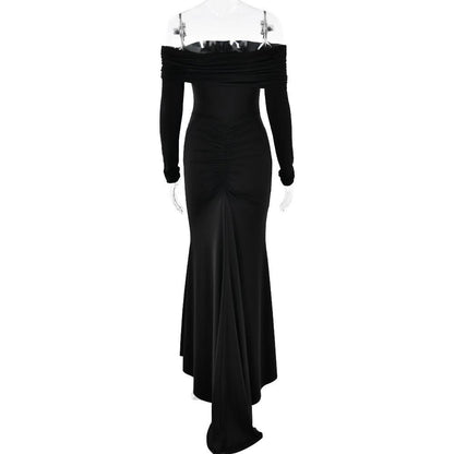 Off shoulder long sleeve ruched self tie maxi dress