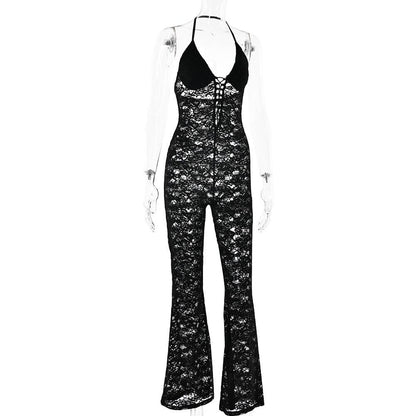 Halter lace lace up see through jumpsuit