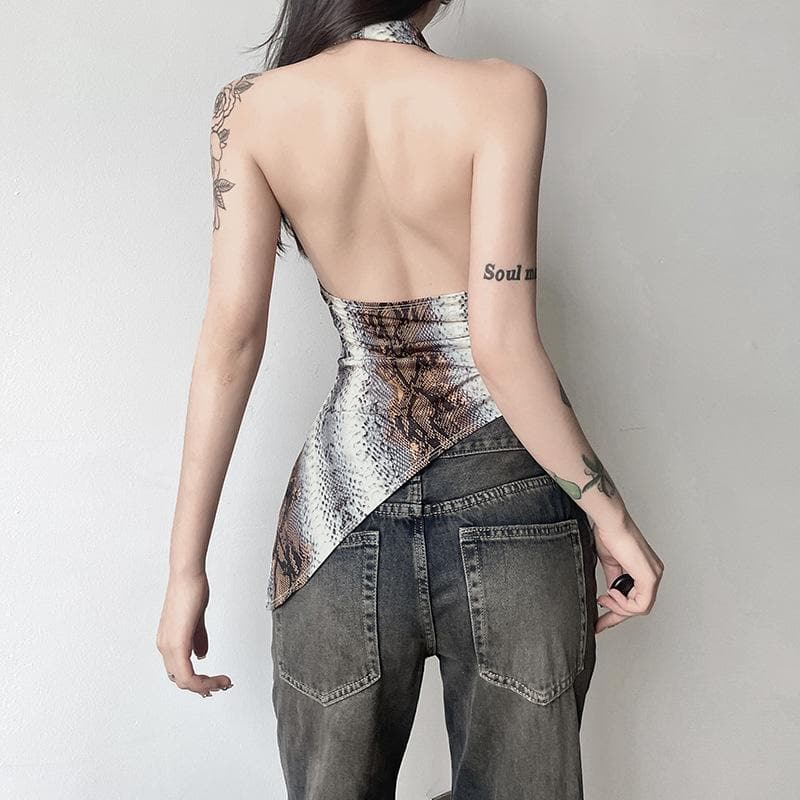 Snakeskin print halter ruched top