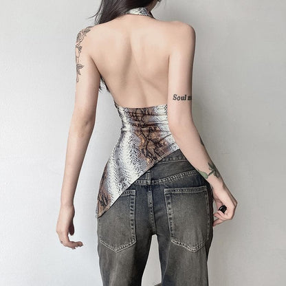 Snakeskin print halter ruched top