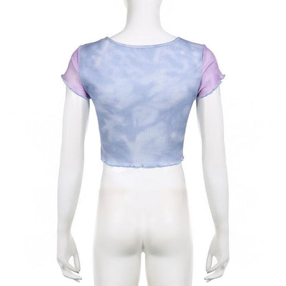 Ruffle star pattern contrast cap sleeve tie dye crop top