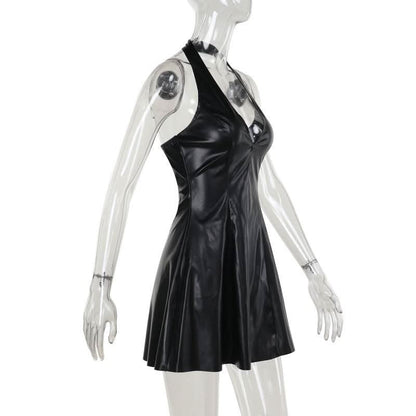 Halter v neck PU leather zip-up button mini dress