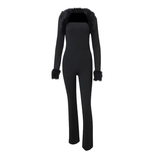 Long sleeve fluffy shrug 2 piece tube jumpsuit