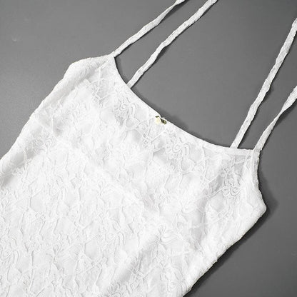 U neck lace self tie flower applique cami mini dress