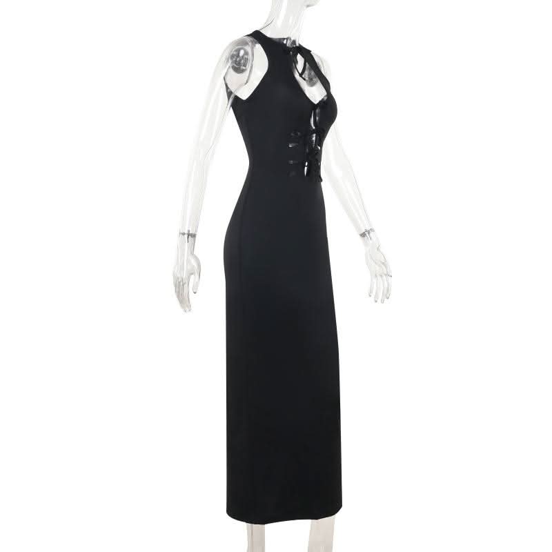 Self tie hollow out crewneck slit solid cut out midi dress