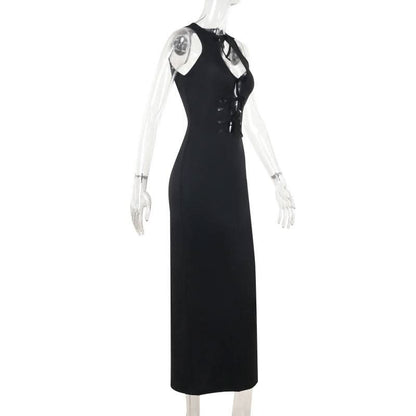 Self tie hollow out crewneck slit solid cut out midi dress