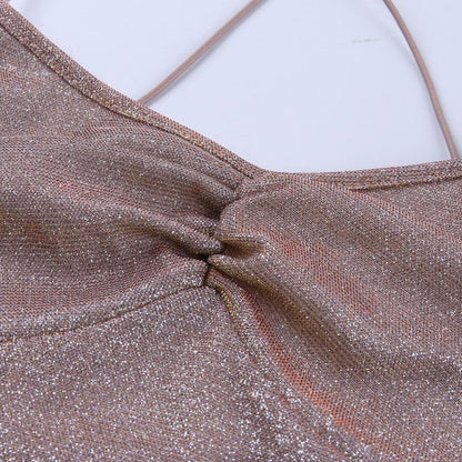 Glitter Spaghetti Strap Cross Back Ruched Asymmetric Ruffle Hem Mini Dress