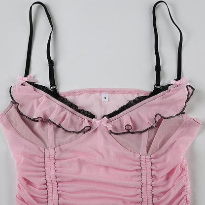 Sheer mesh ruffle drawstring cami top