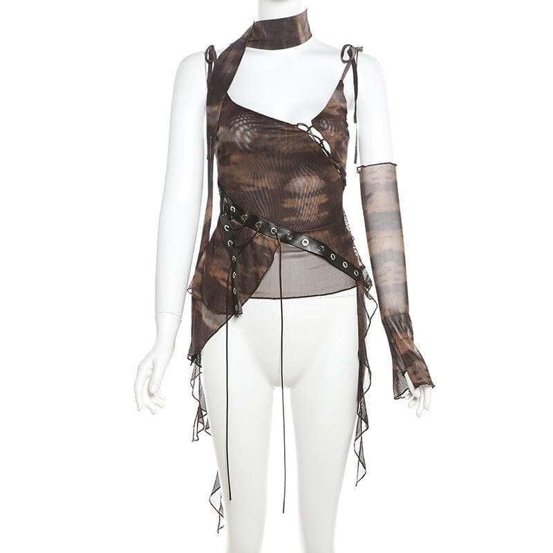 Glove tie dye sheer mesh patchwork ruffle top