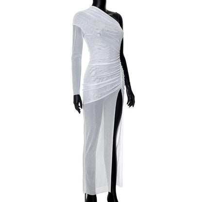 Long sleeve one shoulder ruched high slit maxi dress