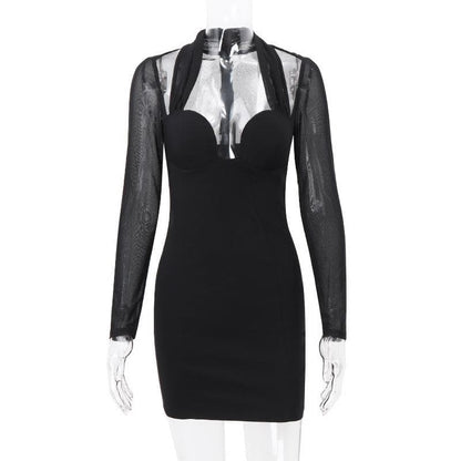 Long sleeve halter mesh zip-up mini dress