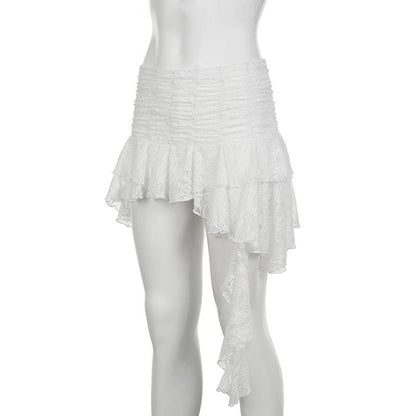 Ruched lace patchwork ruffle irregular mini skirt