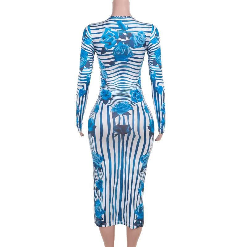 Crewneck long sleeve striped flower print midi dress