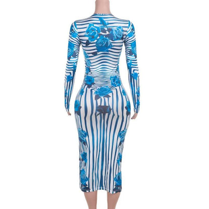 Crewneck long sleeve striped flower print midi dress