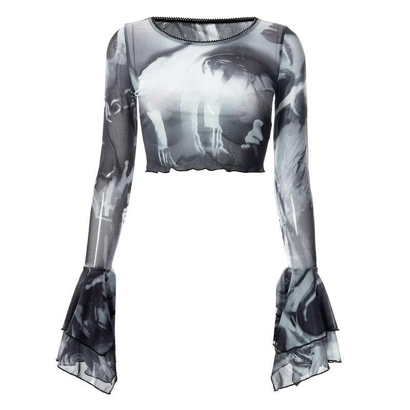 Round neck sheer mesh print long sleeve crop top