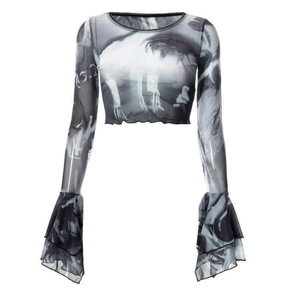 Round neck sheer mesh print long sleeve crop top