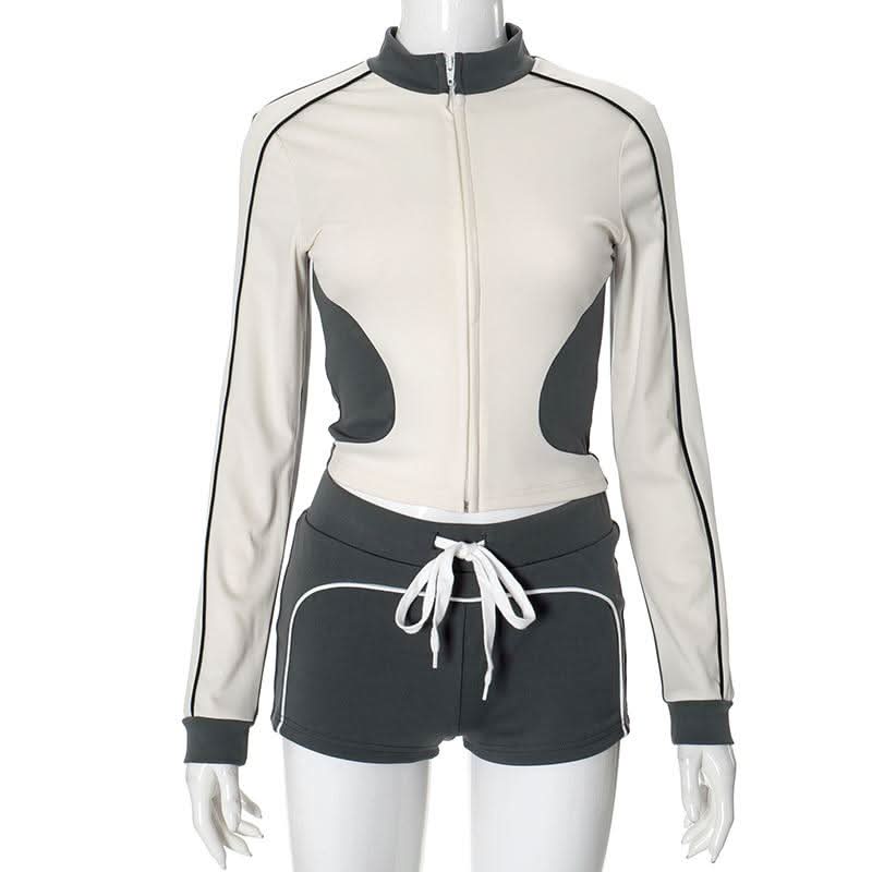 Zip-up Long sleeve drawstring low rise contrast pant set