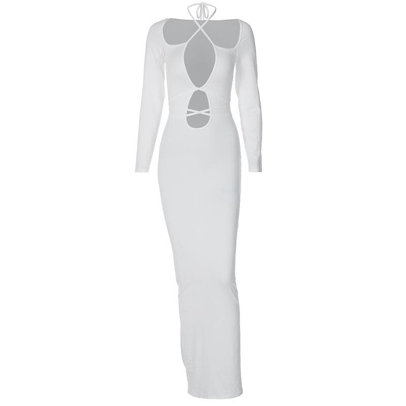 Hollow out self tie solid long sleeve cross front cut out maxi dress