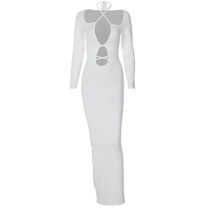 Hollow out self tie solid long sleeve cross front cut out maxi dress