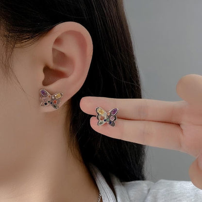 Multicolor rhinestone butterfly stud earrings