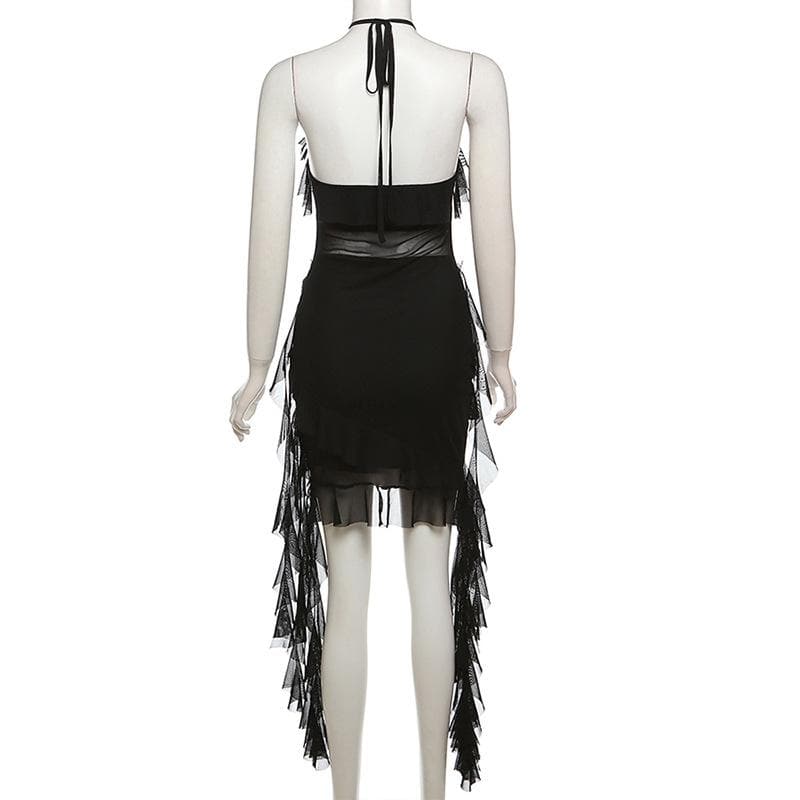Halter sheer mesh ruffle backless mini dress