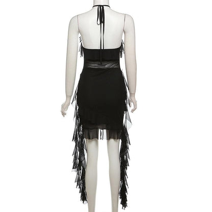 Halter sheer mesh ruffle backless mini dress