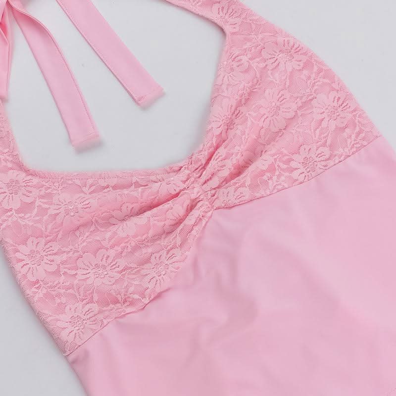 Halter self tie lace v neck ruched backless top