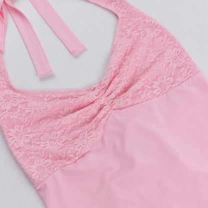 Halter self tie lace v neck ruched backless top