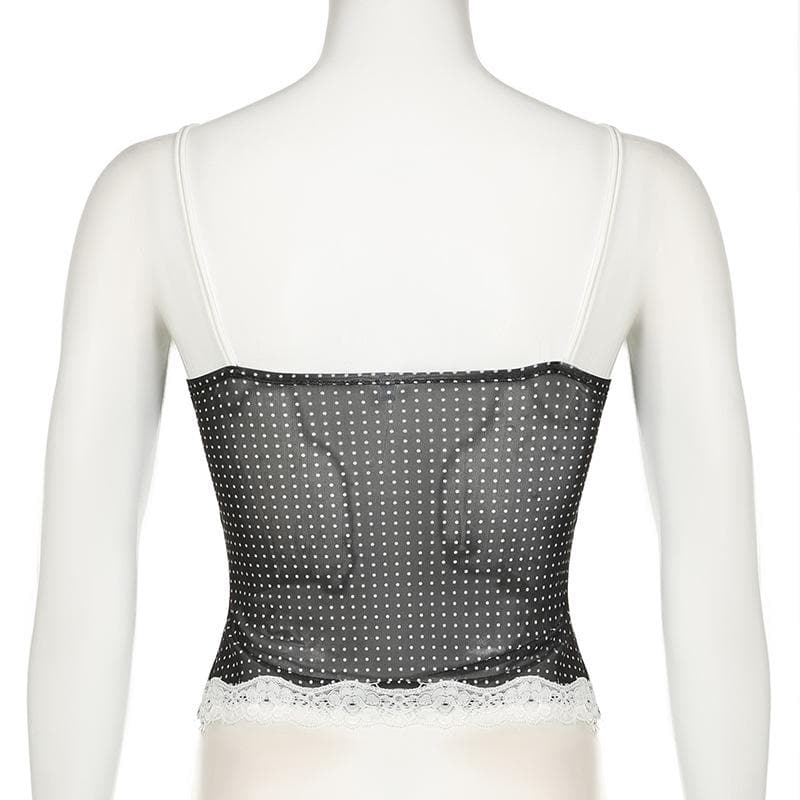 Polka dot lace hem mesh see through cami top