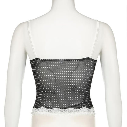 Polka dot lace hem mesh see through cami top